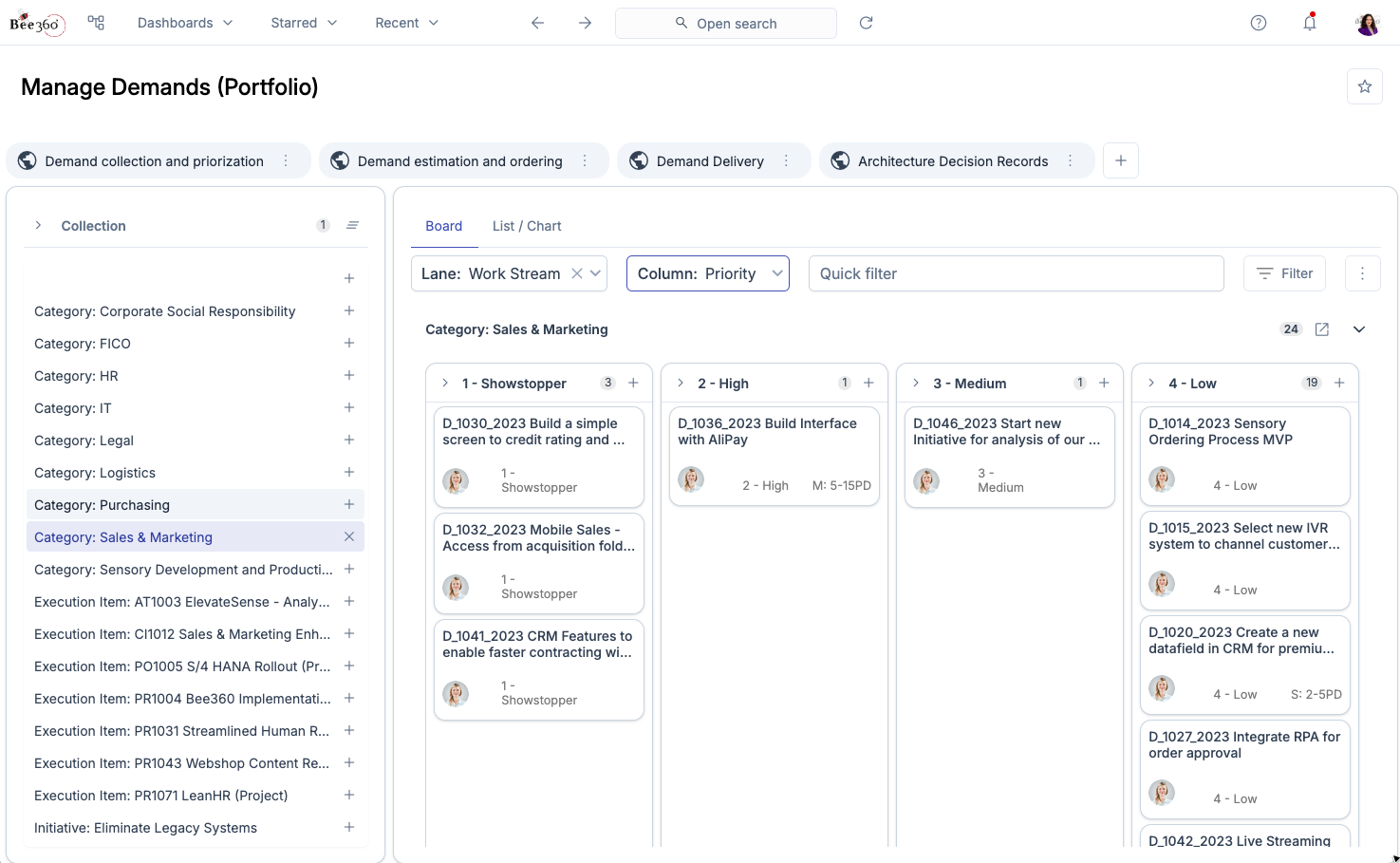Bee360 Portfolio & Demand Management Interface